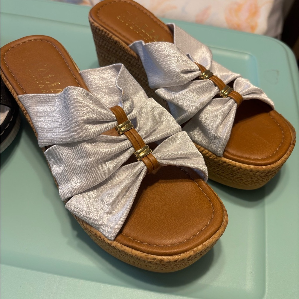 Italian Shoemakers Silver and Tan Wedge Sandals